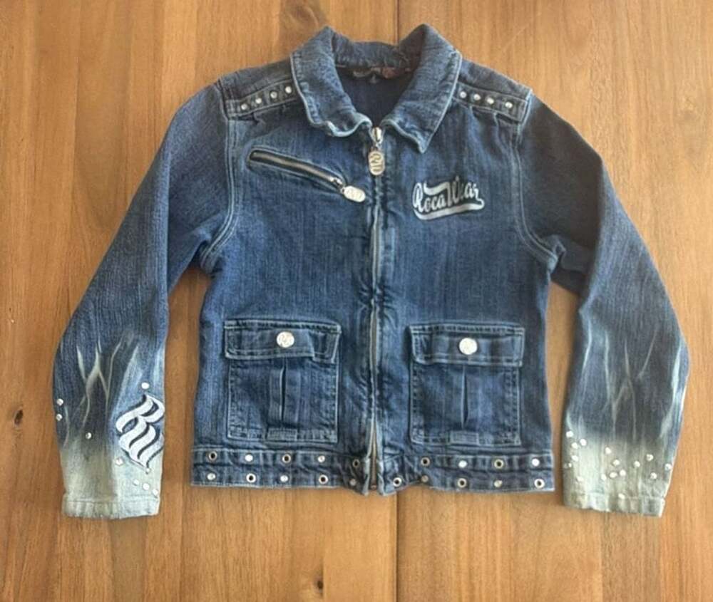 Kids Rocawear Girls Denim Zip-Up Jacket with Rhinestones Size M (8/10)